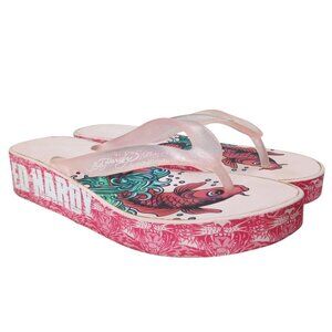 Ed Hardy Y2K Vintage Wedge Flip Flop Koi Fish Sandals Size 6 Pink Graphic Foam
